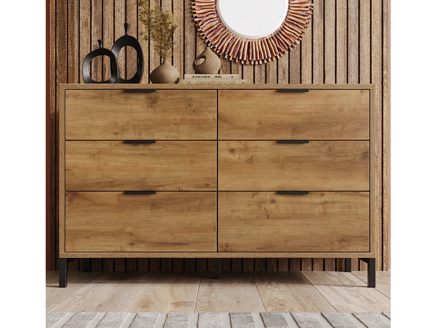 Cómoda 6 tiroirs, diseño industrial, panel de partículas, chêne foncé (120x40x76 cm)
