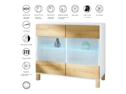 Cómoda Bari V3 Edición Madera, Moderno armario de cocina con 2 grandes puertas de cristal incl. iluminación RGB blanco mate / roble natural (92,5 x 84,5 x 35)