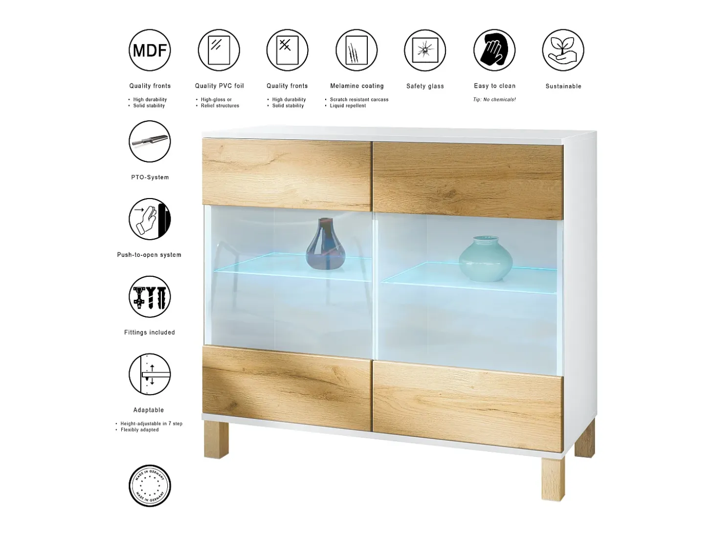 Cómoda Bari V3 Edición Madera, Moderno armario de cocina con 2 grandes puertas de cristal incl. iluminación RGB blanco mate / roble natural (92,5 x 84,5 x 35)
