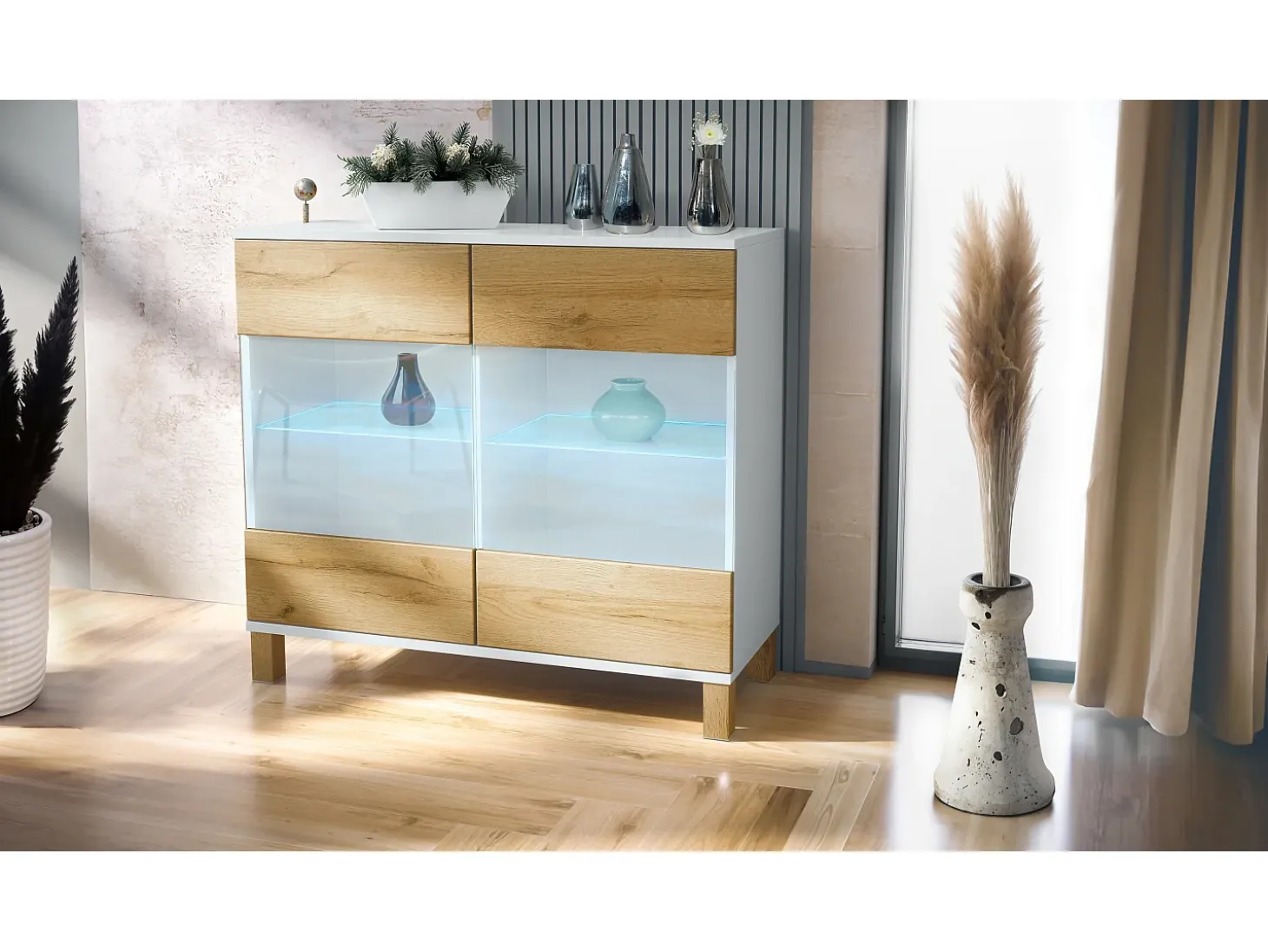 Cómoda Bari V3 Edición Madera, Moderno armario de cocina con 2 grandes puertas de cristal incl. iluminación RGB blanco mate / roble natural (92,5 x 84,5 x 35)
