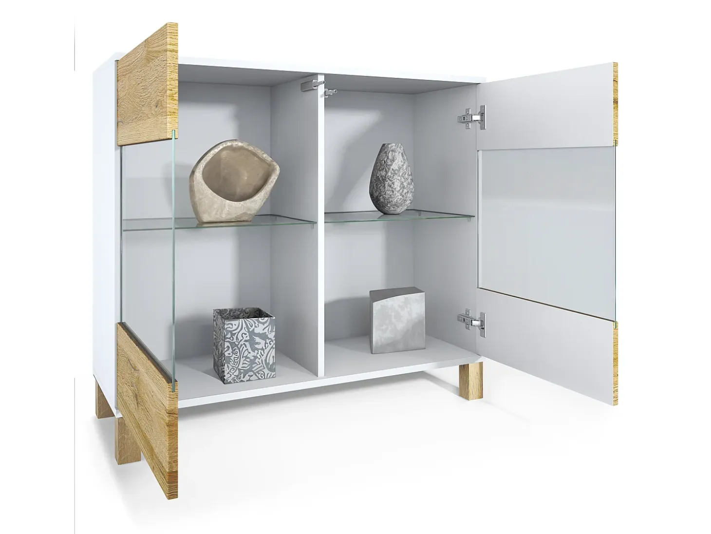 Cómoda Bari V3 Edición Madera, Moderno armario de cocina con 2 grandes puertas de cristal incl. iluminación RGB blanco mate / roble natural (92,5 x 84,5 x 35)