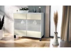 Cómoda Bari V3, Moderno armario de cocina con 2 grandes puertas de cristal blanco mate / crema de alto brillo (92,5 x 84.5 x 35)