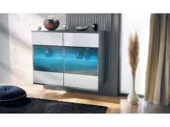 Cómoda Bari V3, Moderno armario de cocina con 2 grandes puertas de cristal incl. iluminación RGB antracita mate / blanco de alto brillo (92,5 x 73.5 x 35)