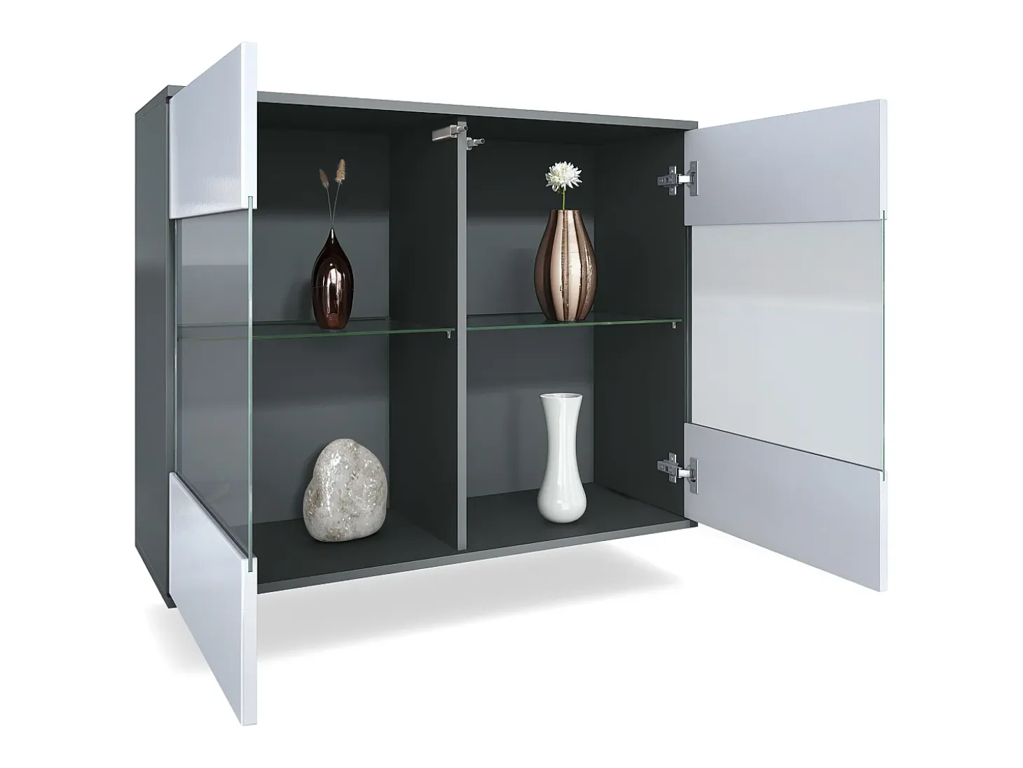 Cómoda Bari V3, Moderno armario de cocina con 2 grandes puertas de cristal incl. iluminación RGB antracita mate / blanco de alto brillo (92,5 x 73.5 x 35)