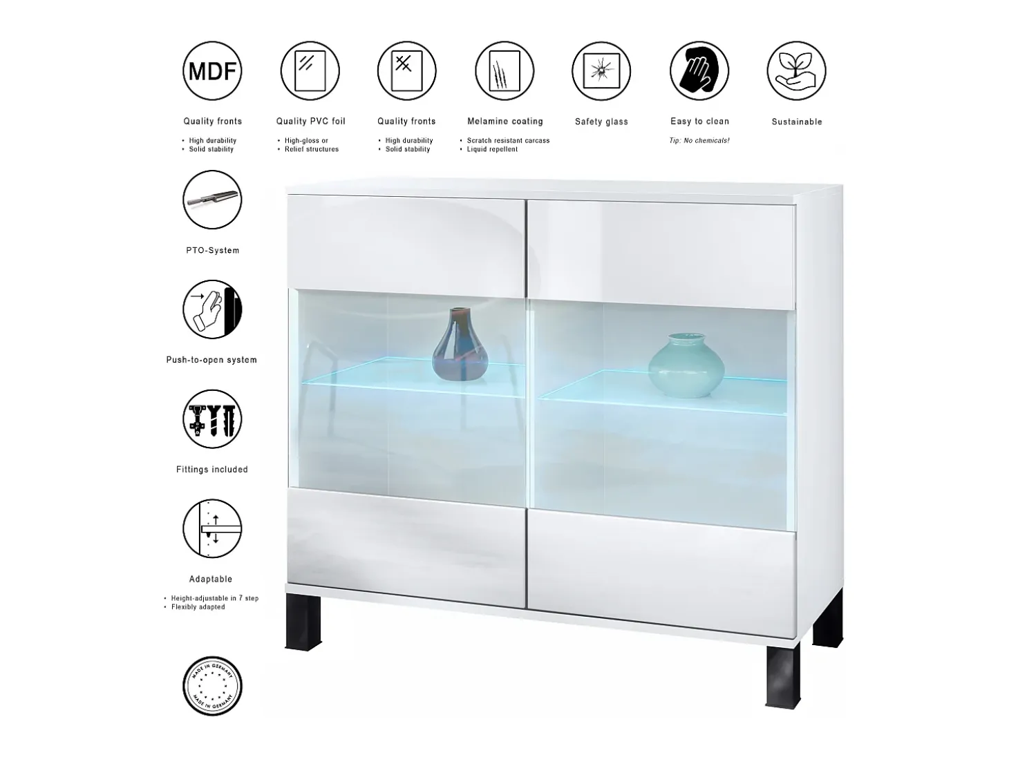 Cómoda Bari V3, Moderno armario de cocina con 2 grandes puertas de cristal incl. iluminación RGB blanco mate / gris de alto brillo (92,5 x 84.5 x 35)