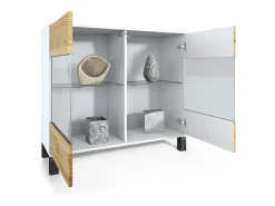 Cómoda Bari V3, Moderno armario de cocina con 2 grandes puertas de cristal incl. iluminación RGB blanco mate / crema de alto brillo (92,5 x 84.5 x 35)