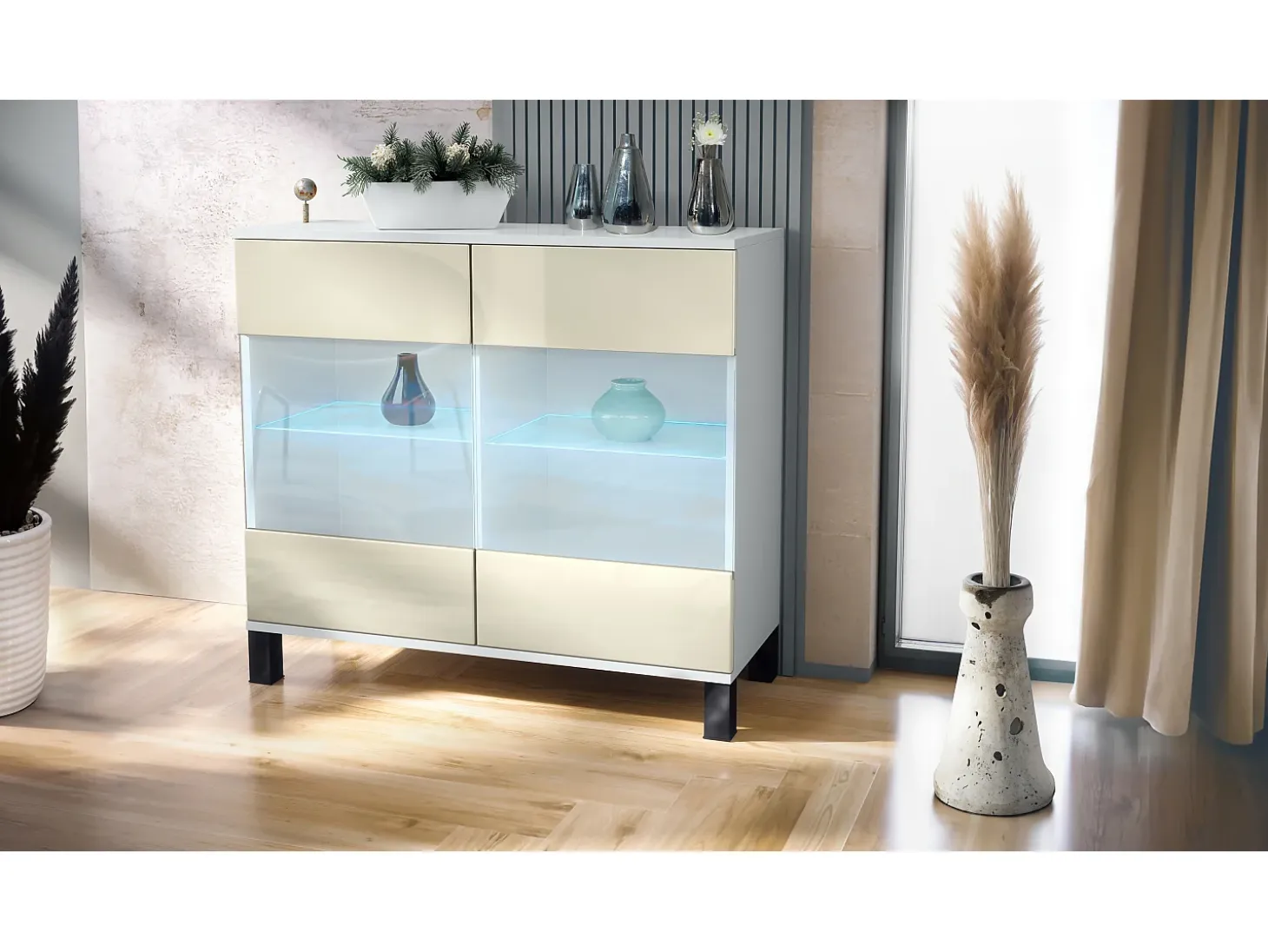 Cómoda Bari V3, Moderno armario de cocina con 2 grandes puertas de cristal incl. iluminación RGB blanco mate / crema de alto brillo (92,5 x 84.5 x 35)