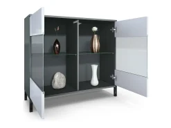 Cómoda Bari V3, Moderno armario de cocina con 2 grandes puertas de cristal incl. iluminación RGB antracita mate / burdeos de alto brillo (92,5 x 83.5 x 35)