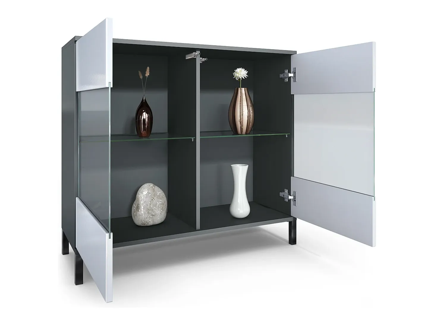 Cómoda Bari V3, Moderno armario de cocina con 2 grandes puertas de cristal incl. iluminación RGB antracita mate / burdeos de alto brillo (92,5 x 83.5 x 35)