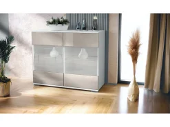 Cómoda Bari V3, Moderno armario de cocina con 2 grandes puertas de cristal blanco mate / gris arena de alto brillo (92,5 x 75.5 x 35)