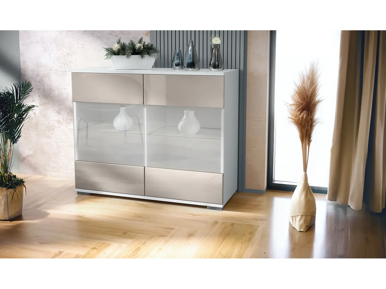 Cómoda Bari V3, Moderno armario de cocina con 2 grandes puertas de cristal blanco mate / gris arena de alto brillo (92,5 x 75.5 x 35)