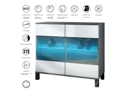 Cómoda Bari V3, Moderno armario de cocina con 2 grandes puertas de cristal incl. iluminación RGB antracita mate / negro de alto brillo (92,5 x 84.5 x 35)