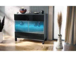 Cómoda Bari V3, Moderno armario de cocina con 2 grandes puertas de cristal incl. iluminación RGB antracita mate / negro de alto brillo (92,5 x 84.5 x 35)