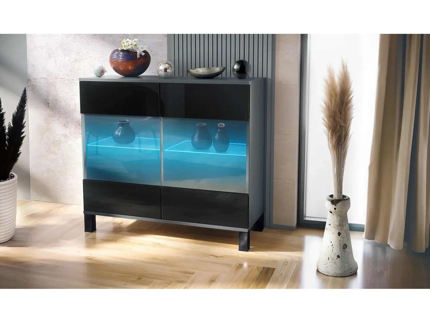 Cómoda Bari V3, Moderno armario de cocina con 2 grandes puertas de cristal incl. iluminación RGB antracita mate / negro de alto brillo (92,5 x 84.5 x 35)