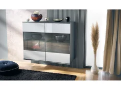 Cómoda Bari V3, Moderno armario de cocina con 2 grandes puertas de cristal antracita mate / blanco de alto brillo (92,5 x 73.5 x 35)
