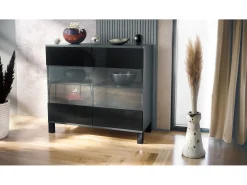 Cómoda Bari V3, Moderno armario de cocina con 2 grandes puertas de cristal antracita mate / negro de alto brillo (92,5 x 84.5 x 35)