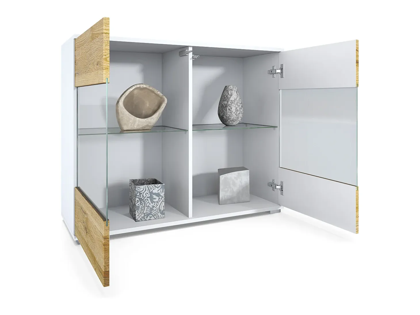 Cómoda Bari V3, Moderno armario de cocina con 2 grandes puertas de cristal blanco mate / gris de alto brillo (92,5 x 75.5 x 35)