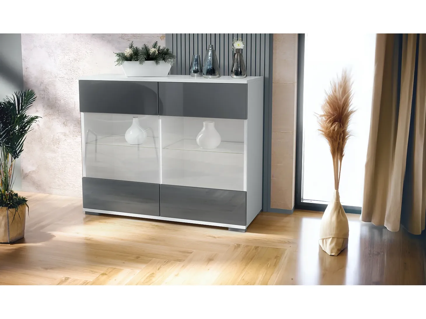 Cómoda Bari V3, Moderno armario de cocina con 2 grandes puertas de cristal blanco mate / gris de alto brillo (92,5 x 75.5 x 35)