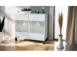 Cómoda Bari V3, Moderno armario de cocina con 2 grandes puertas de cristal blanco mate / blanco de alto brillo (92,5 x 84.5 x 35)