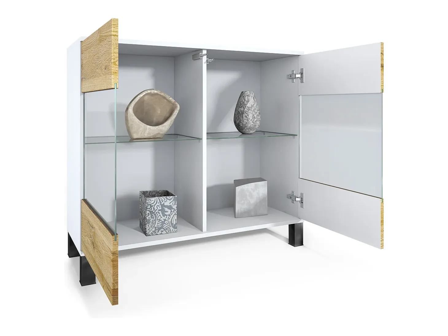 Cómoda Bari V3, Moderno armario de cocina con 2 grandes puertas de cristal blanco mate / blanco de alto brillo (92,5 x 84.5 x 35)