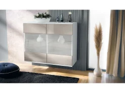 Cómoda Bari V3, Moderno armario de cocina con 2 grandes puertas de cristal blanco mate / gris arena de alto brillo (92,5 x 73.5 x 35)