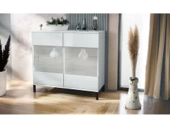 Cómoda Bari V3, Moderno armario de cocina con 2 grandes puertas de cristal blanco mate / blanco de alto brillo (92,5 x 83.5 x 35)