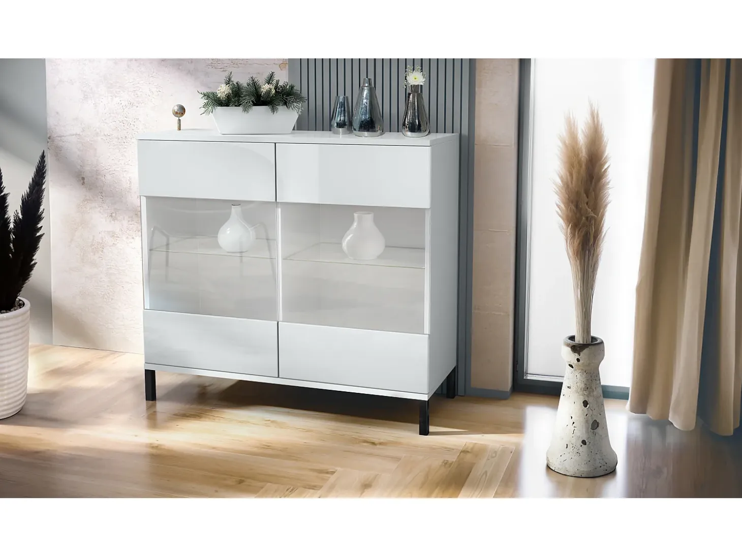 Cómoda Bari V3, Moderno armario de cocina con 2 grandes puertas de cristal blanco mate / blanco de alto brillo (92,5 x 83.5 x 35)