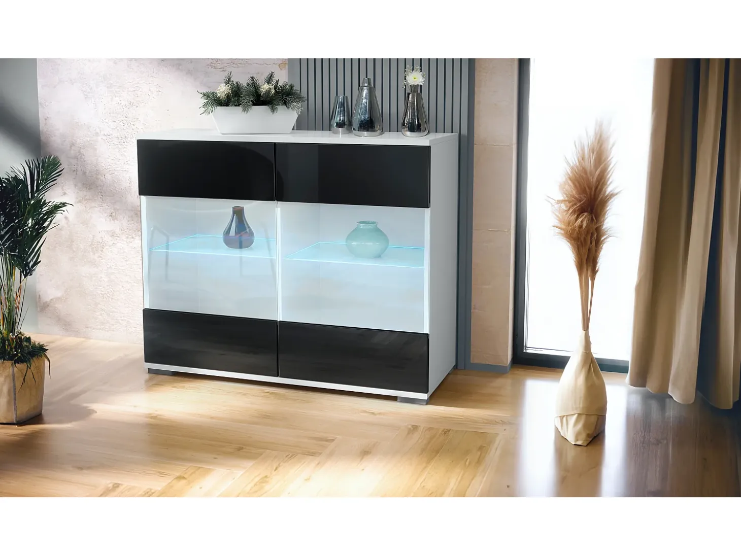 Cómoda Bari V3, Moderno armario de cocina con 2 grandes puertas de cristal incl. iluminación RGB blanco mate / negro de alto brillo (92,5 x 75.5 x 35)