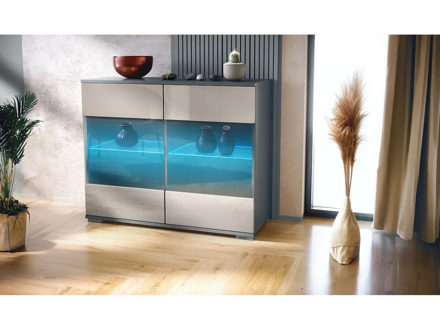 Cómoda Bari V3, Moderno armario de cocina con 2 grandes puertas de cristal incl. iluminación RGB antracita mate / gris arena de alto brillo (92,5 x 75.5 x 35)