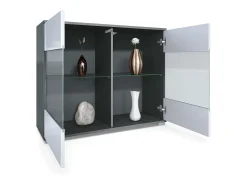 Cómoda Bari V3, Moderno armario de cocina con 2 grandes puertas de cristal antracita mate / burdeos de alto brillo (92,5 x 75.5 x 35)