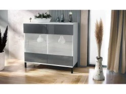 Cómoda Bari V3, Moderno armario de cocina con 2 grandes puertas de cristal blanco mate / gris de alto brillo (92,5 x 83.5 x 35)