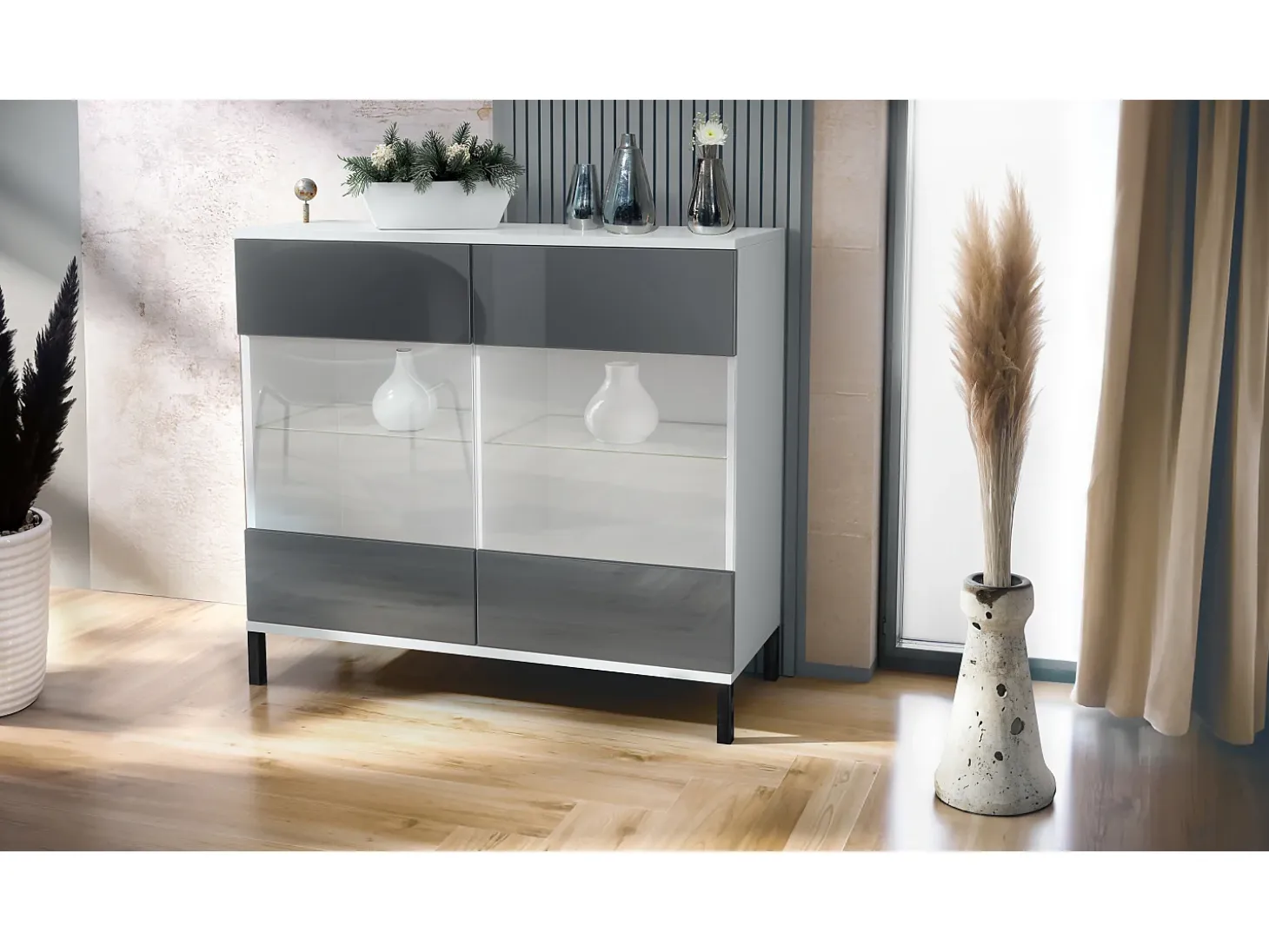 Cómoda Bari V3, Moderno armario de cocina con 2 grandes puertas de cristal blanco mate / gris de alto brillo (92,5 x 83.5 x 35)