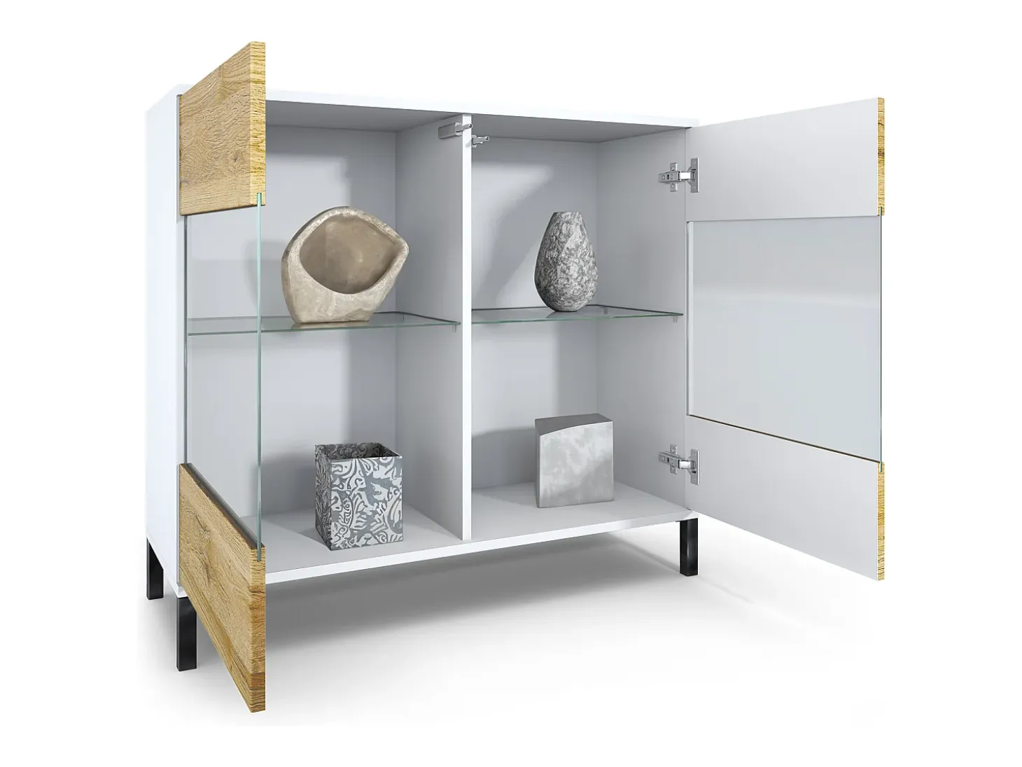 Cómoda Bari V3, Moderno armario de cocina con 2 grandes puertas de cristal blanco mate / gris de alto brillo (92,5 x 83.5 x 35)