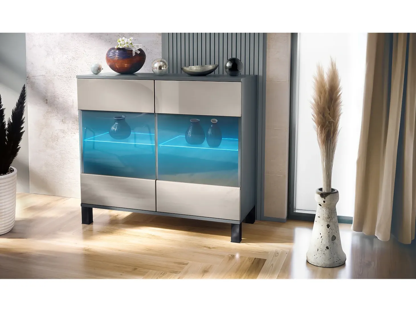 Cómoda Bari V3, Moderno armario de cocina con 2 grandes puertas de cristal incl. iluminación RGB antracita mate / gris arena de alto brillo (92,5 x 84.5 x 35)