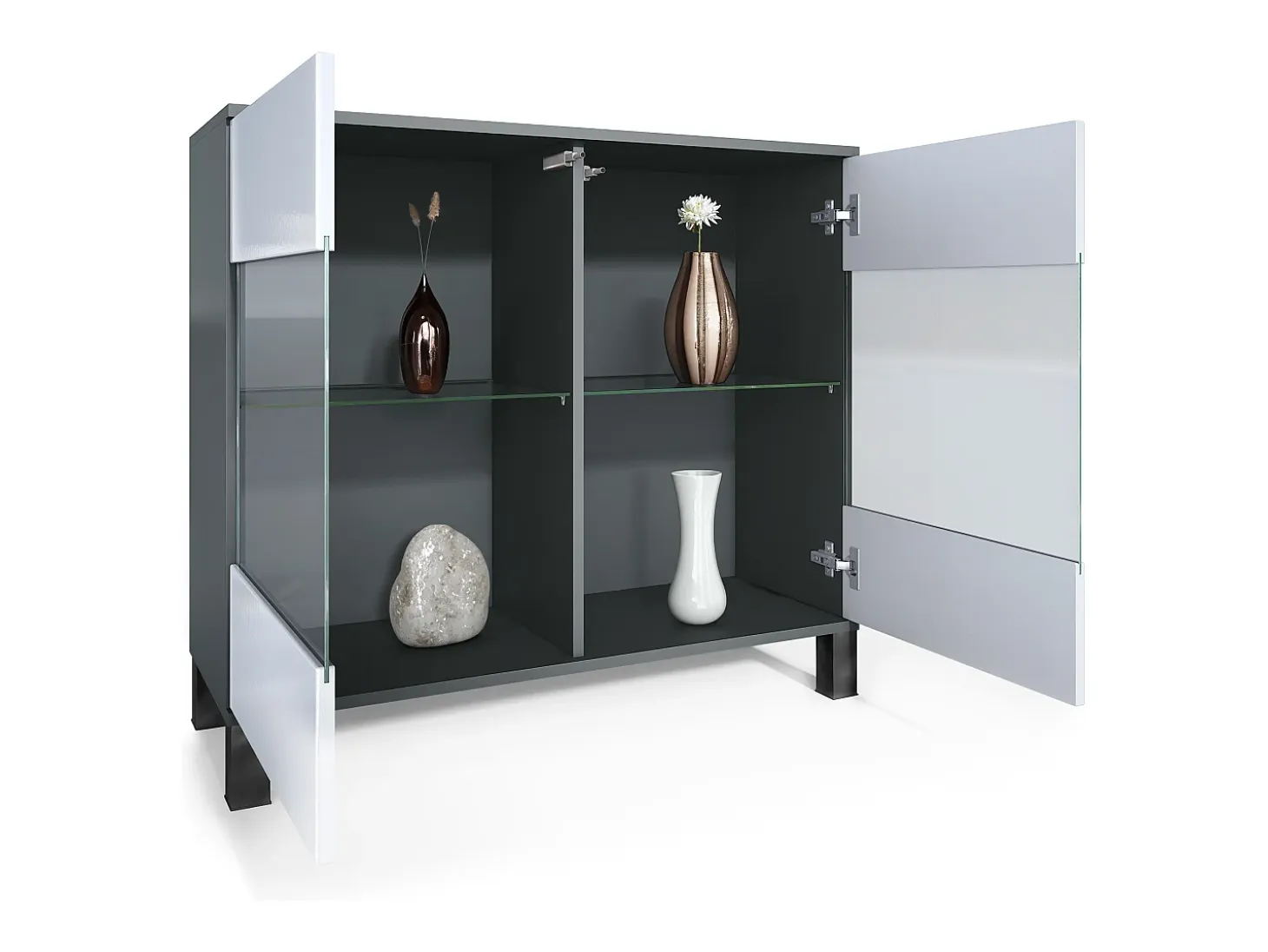 Cómoda Bari V3, Moderno armario de cocina con 2 grandes puertas de cristal antracita mate / burdeos de alto brillo (92,5 x 84.5 x 35)