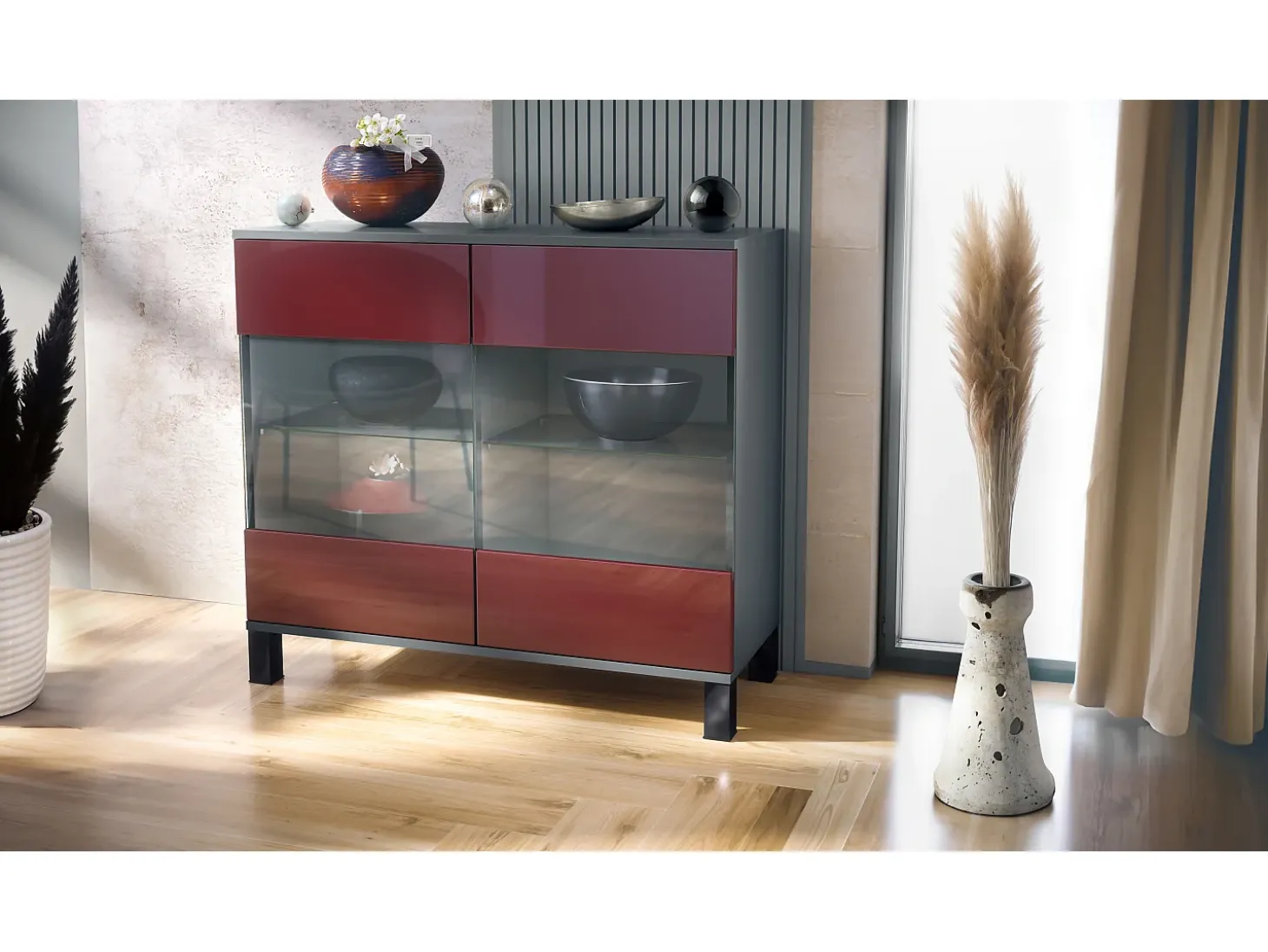 Cómoda Bari V3, Moderno armario de cocina con 2 grandes puertas de cristal antracita mate / burdeos de alto brillo (92,5 x 84.5 x 35)