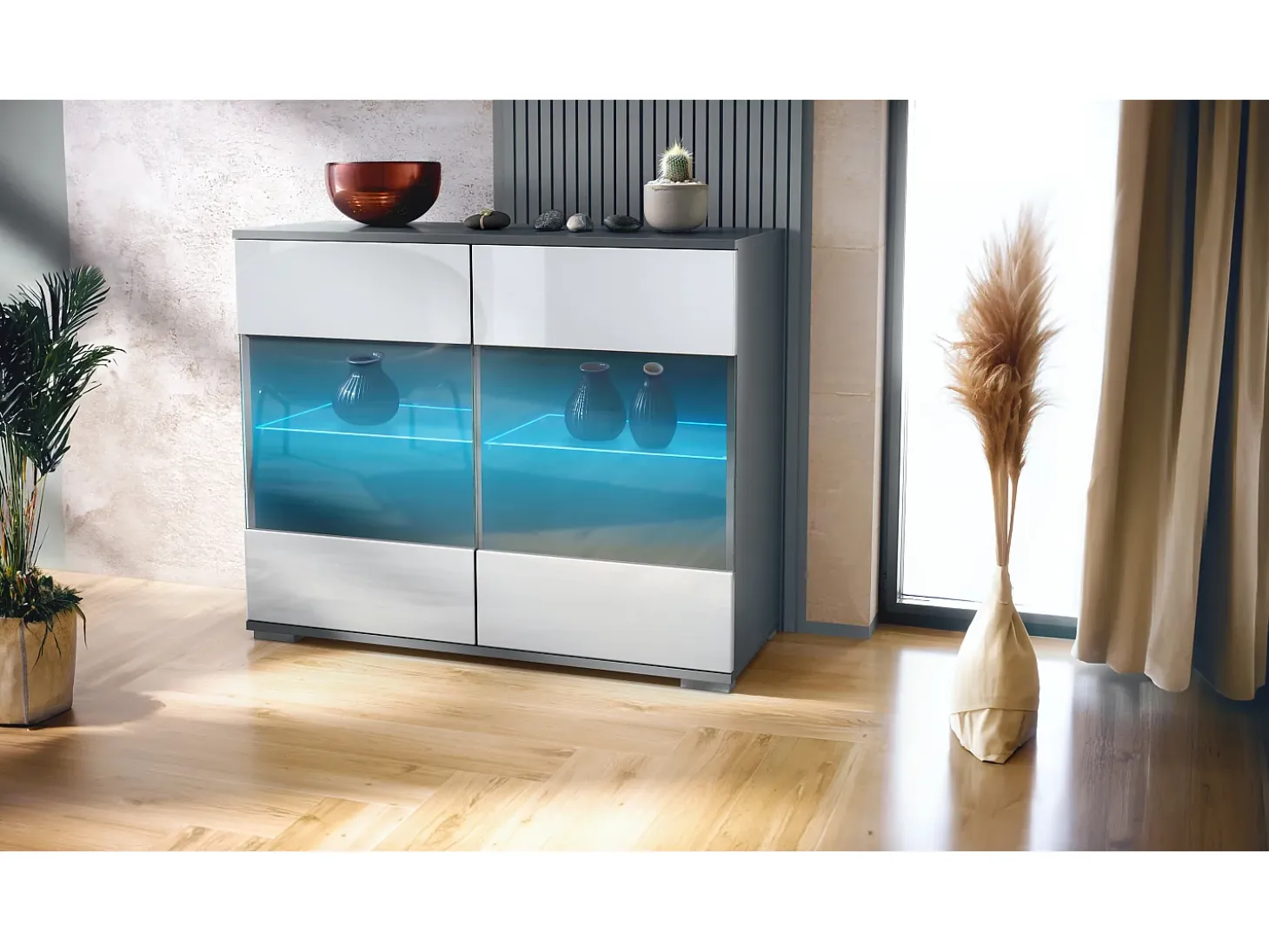 Cómoda Bari V3, Moderno armario de cocina con 2 grandes puertas de cristal incl. iluminación RGB antracita mate / blanco de alto brillo (92,5 x 75.5 x 35)