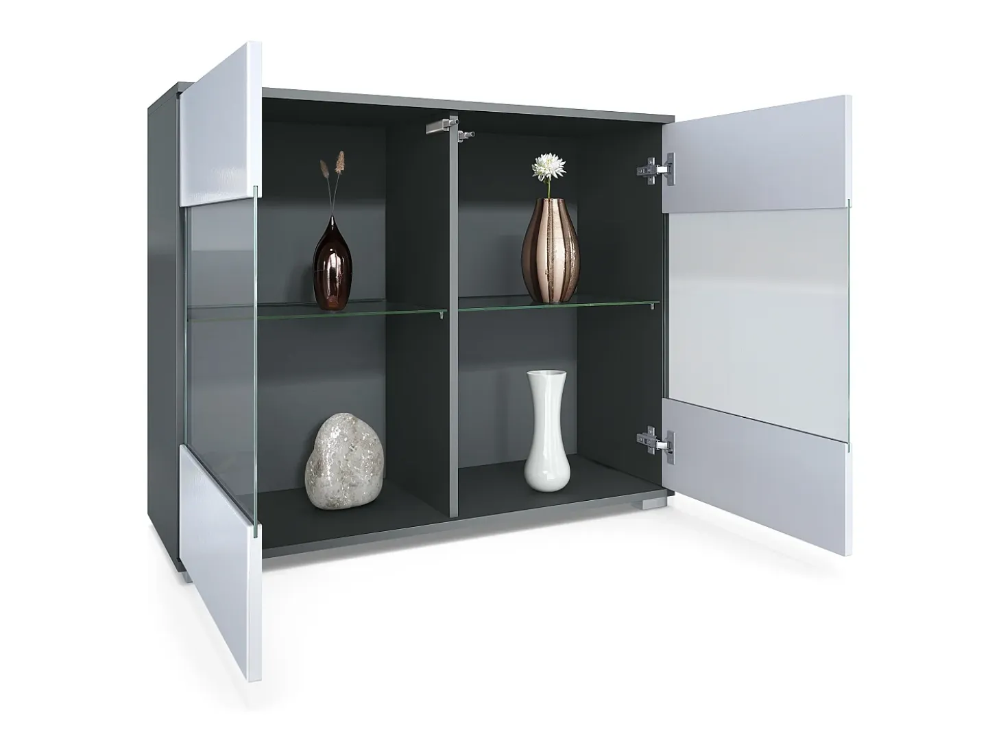Cómoda Bari V3, Moderno armario de cocina con 2 grandes puertas de cristal incl. iluminación RGB antracita mate / blanco de alto brillo (92,5 x 75.5 x 35)