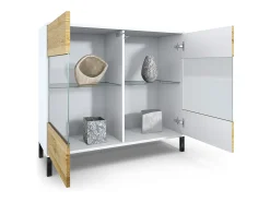 Cómoda Bari V3, Moderno armario de cocina con 2 grandes puertas de cristal blanco mate / negro de alto brillo (92,5 x 83.5 x 35)