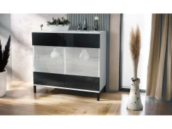 Cómoda Bari V3, Moderno armario de cocina con 2 grandes puertas de cristal blanco mate / negro de alto brillo (92,5 x 83.5 x 35)