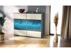 Cómoda Bari V3, Moderno armario de cocina con 2 grandes puertas de cristal incl. iluminación RGB antracita mate / crema de alto brillo (92,5 x 75.5 x 35)