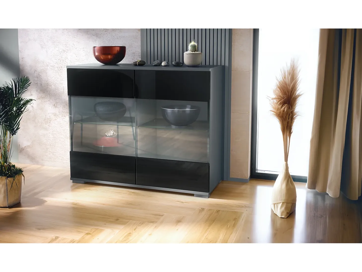 Cómoda Bari V3, Moderno armario de cocina con 2 grandes puertas de cristal antracita mate / negro de alto brillo (92,5 x 75.5 x 35)