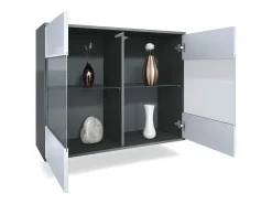 Cómoda Bari V3, Moderno armario de cocina con 2 grandes puertas de cristal incl. iluminación RGB antracita mate / burdeos de alto brillo (92,5 x 73.5 x 35)