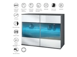 Cómoda Bari V3, Moderno armario de cocina con 2 grandes puertas de cristal incl. iluminación RGB antracita mate / burdeos de alto brillo (92,5 x 73.5 x 35)