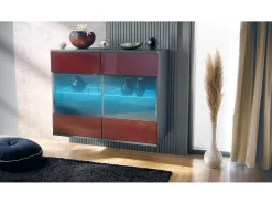 Cómoda Bari V3, Moderno armario de cocina con 2 grandes puertas de cristal incl. iluminación RGB antracita mate / burdeos de alto brillo (92,5 x 73.5 x 35)