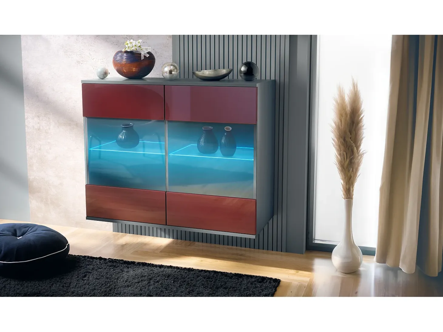 Cómoda Bari V3, Moderno armario de cocina con 2 grandes puertas de cristal incl. iluminación RGB antracita mate / burdeos de alto brillo (92,5 x 73.5 x 35)