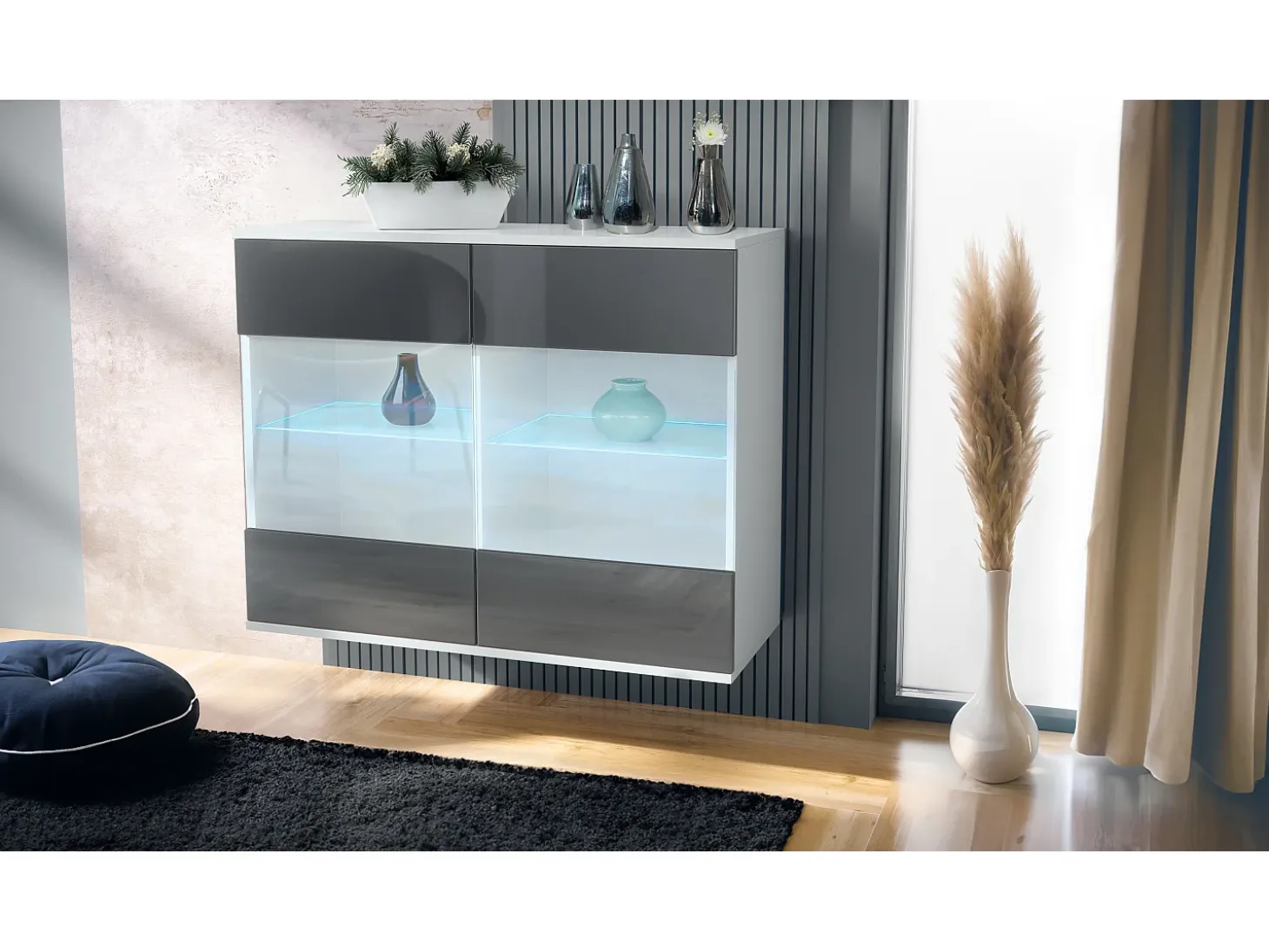 Cómoda Bari V3, Moderno armario de cocina con 2 grandes puertas de cristal incl. iluminación RGB blanco mate / gris de alto brillo (92,5 x 73.5 x 35)