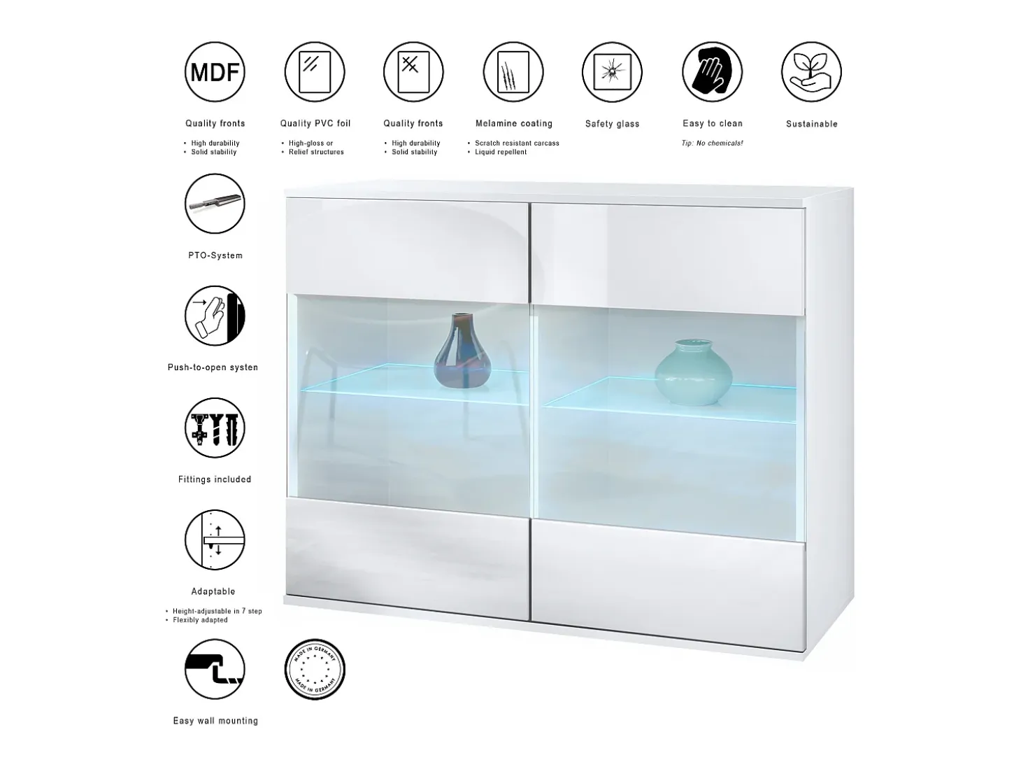 Cómoda Bari V3, Moderno armario de cocina con 2 grandes puertas de cristal incl. iluminación RGB blanco mate / gris de alto brillo (92,5 x 73.5 x 35)