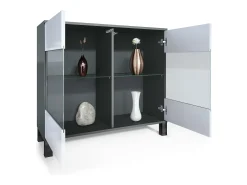 Cómoda Bari V3, Moderno armario de cocina con 2 grandes puertas de cristal incl. iluminación RGB antracita mate / burdeos de alto brillo (92,5 x 84.5 x 35)