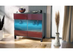 Cómoda Bari V3, Moderno armario de cocina con 2 grandes puertas de cristal incl. iluminación RGB antracita mate / burdeos de alto brillo (92,5 x 84.5 x 35)
